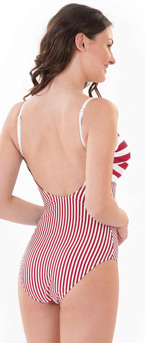 Jednoczęściowy kostium kąpielowy w czerwono-białe paski na cienkich ramiączkach