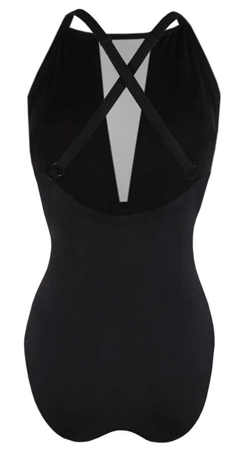 Czarny, jednoczęściowy kostium kąpielowy dla silniejszych sylwetek z krzyżowanymi ramiączkami na plecach