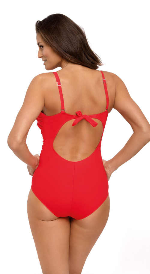 Czerwony jednoczęściowy kostium kąpielowy z asymetrycznymi ramiączkami