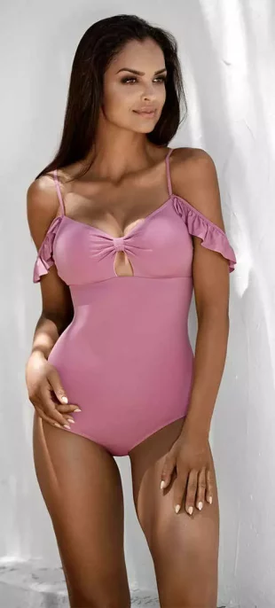 Stylowy damski jednoczęściowy kostium kąpielowy ozdobiony falbankami