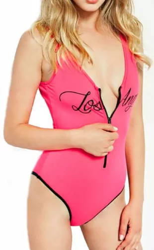 Różowy jednoczęściowy kostium kąpielowy Guess z zamkiem błyskawicznym z przodu