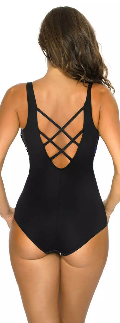 Czarny damski jednoczęściowy kostium kąpielowy z elegancko zaprojektowanymi plecami