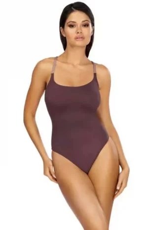 Jednoczęściowy kostium kąpielowy w kolorze brązowym z krzyżującymi się ramiączkami