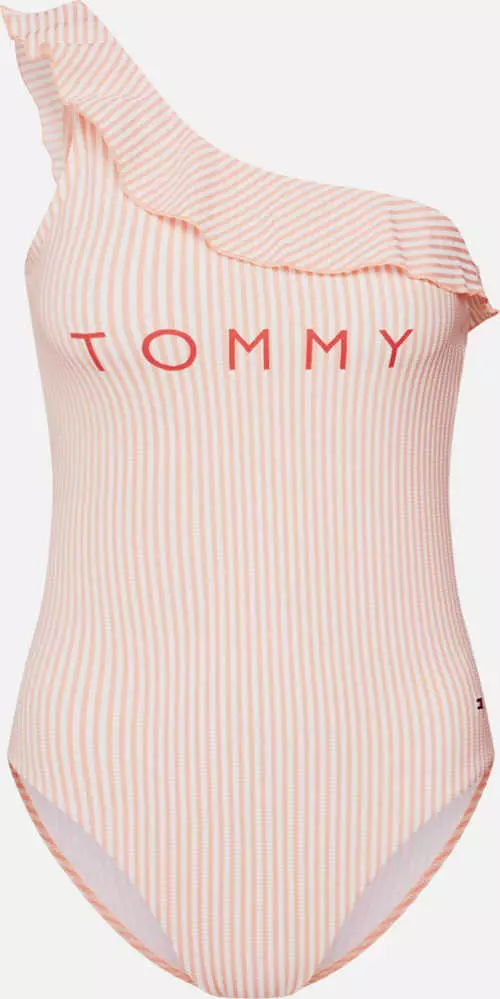 Różowo-biały jednoczęściowy kostium kąpielowy Tommy Hilfiger z małym paskiem
