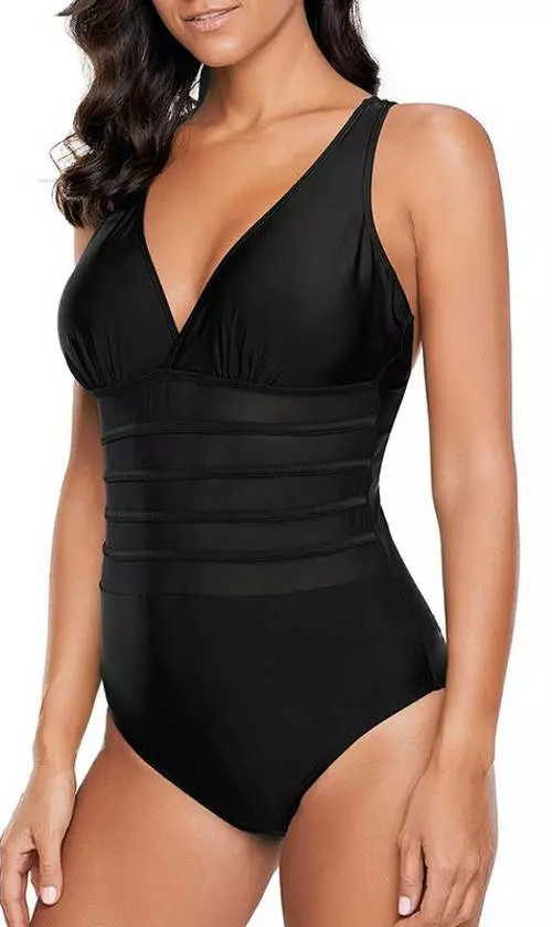 Czarny jednoczęściowy kostium kąpielowy z półprzezroczystą wstawką pod biustem