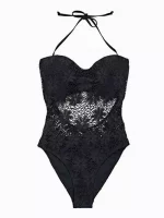 Seksowny czarny koronkowy jednoczęściowy strój kąpielowy z odpinanymi ramiączkami